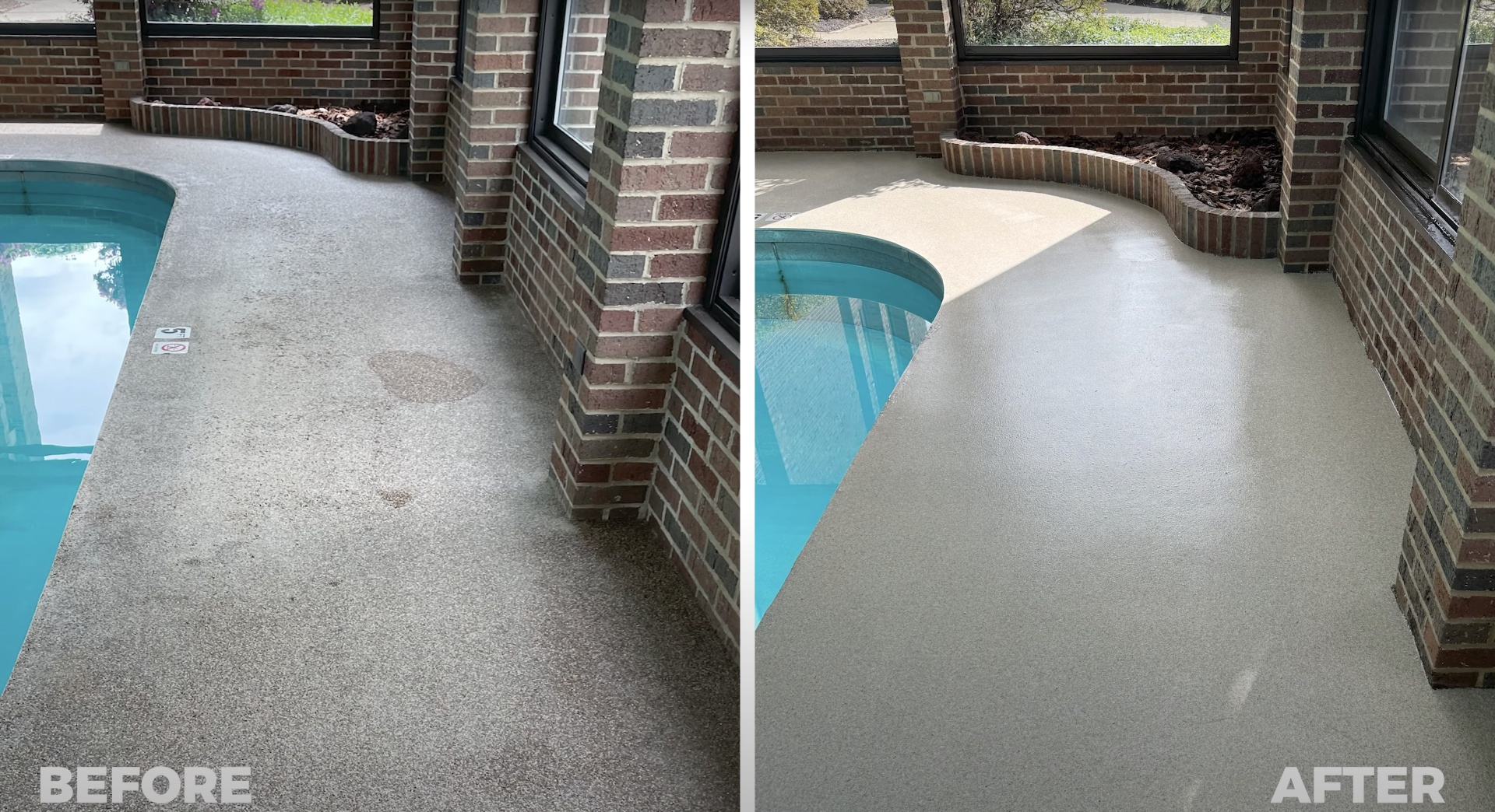Pool Deck Concrete Resurfacing - Before and After Results Before and after concrete pool deck resurfacing showing transformation from worn to smooth finish